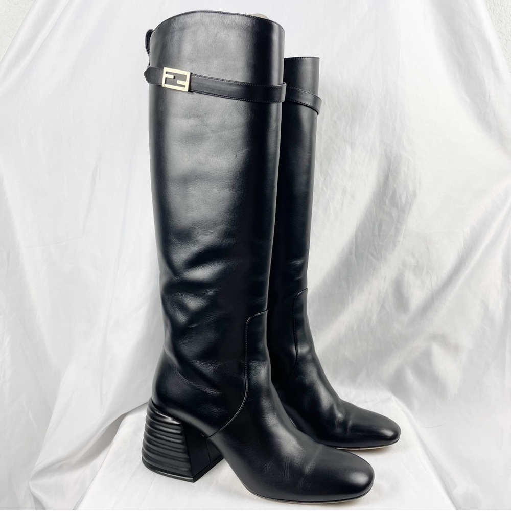 Fendi Sable FF Motif Block Heel Knee High Riding Boots Black Leather EU 38.5